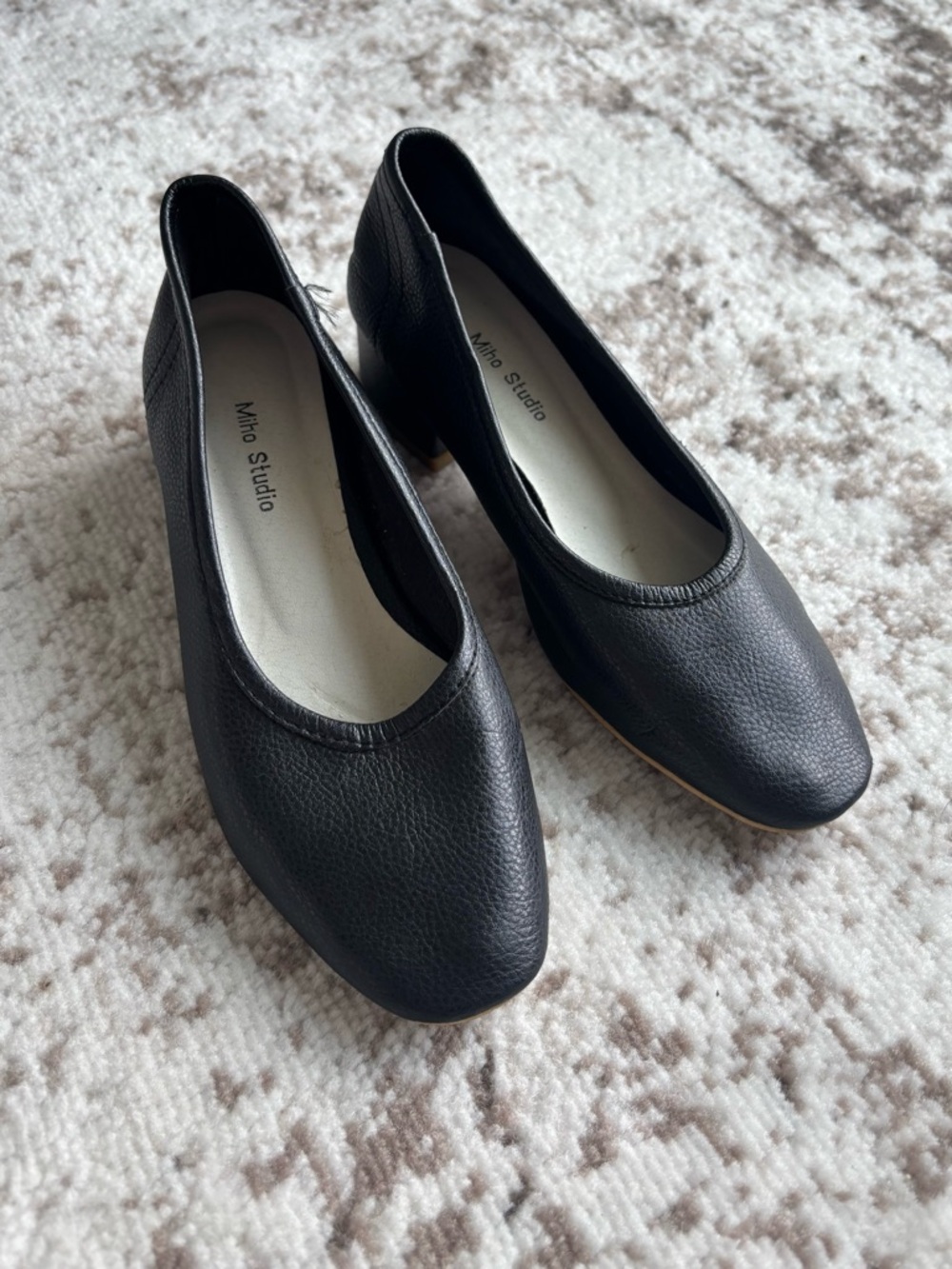 Miho Studio Black Vegan Leather Low Block Heel Ballet Pumps